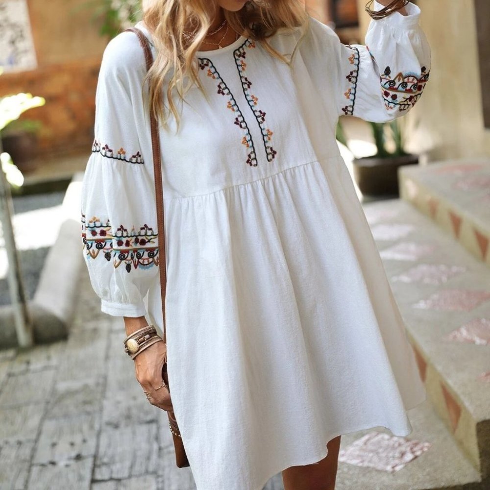 Boho Embroidery Lantern Sleeve Smock Dress - Picture 5 of 5
